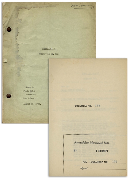 Moe Howard's 30pp. Script Dated August 1934 for The Three Stooges Film ''Men in Black'' -- With Moe's Signature & Annotations in His Hand -- Dampstaining & Chipping to Covers, Very Good Condition